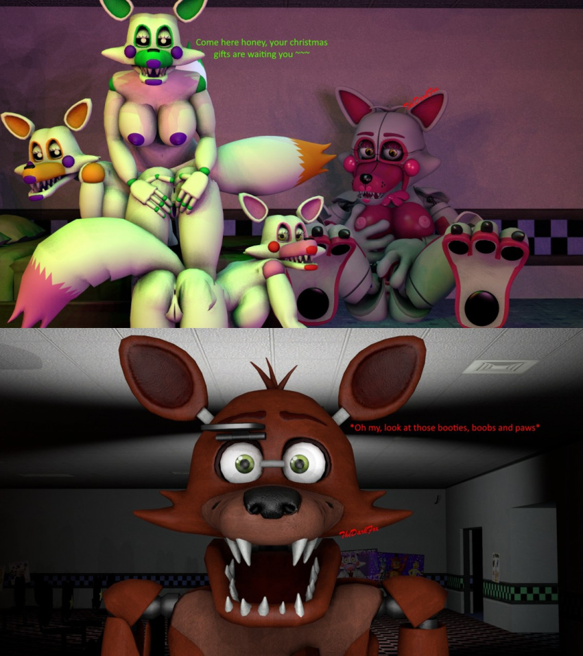 3d_(artwork) animatronic anthro anus black_nose black_sclera breasts butt canid canine dialogue digital_media_(artwork) eye_patch eyewear fangs female five_nights_at_freddy's five_nights_at_freddy's_2 five_nights_at_freddy's_world fox foxy_(fnaf) funtime_foxy_(fnaf) genitals green_body green_eyes group half-closed_eyes hand_on_breast hand_on_butt hi_res imminent_sex in_heat lolbit_(fnaf) machine male mammal mangle_(fnaf) narrowed_eyes nipples open_mouth pink_body purple_nipples pussy red_body robot scottgames seductive sex source_filmmaker spread_legs spread_pussy spreading tangle_(fnaf) text thedarkfox20 video_games white_body yellow_body yellow_eyes