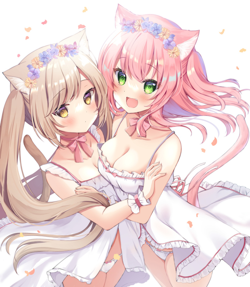 2girls :d animal_ear_fluff animal_ears bangs blush bow bow_panties bowtie breasts cat_ears cat_girl cat_tail cleavage collarbone cowboy_shot dot_mouth eyebrows_visible_through_hair fang flower frilled_babydoll green_eyes hair_between_eyes hair_flower hair_ornament hamico highres hug light_brown_hair long_hair looking_at_viewer medium_breasts multiple_girls original panties pantyshot pink_bow pink_bowtie pink_hair shiny shiny_hair simple_background small_breasts smile spaghetti_strap standing tail tail_raised thighs twintails two_side_up underwear very_long_hair white_babydoll white_background white_panties wrist_cuffs yellow_eyes