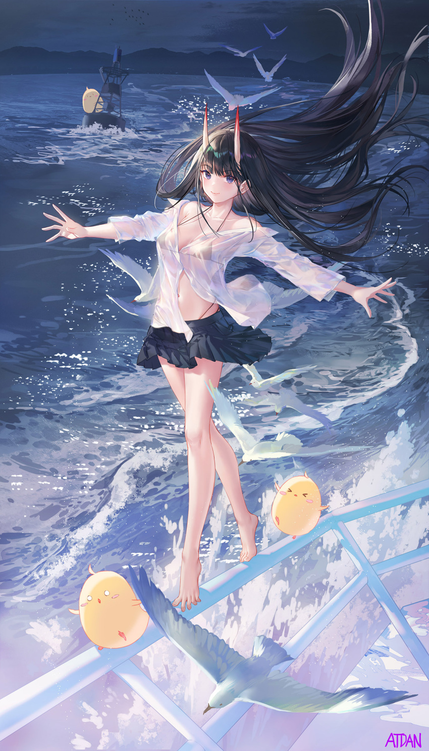 1girl absurdres animal atdan azur_lane bare_legs bare_shoulders barefoot beach bikini bikini_under_clothes bird black_bikini black_hair black_skirt breasts buoy chick closed_mouth collarbone floating_hair full_body halter_top halterneck highres horns long_hair long_sleeves looking_at_viewer manjuu_(azur_lane) medium_breasts miniskirt navel night noshiro_(azur_lane) off_shoulder oni_horns outdoors outstretched_arms pleated_skirt purple_eyes revision seagull see-through shirt skirt smile solo standing stomach strap_gap string_bikini swimsuit thighs tiptoes very_long_hair white_shirt