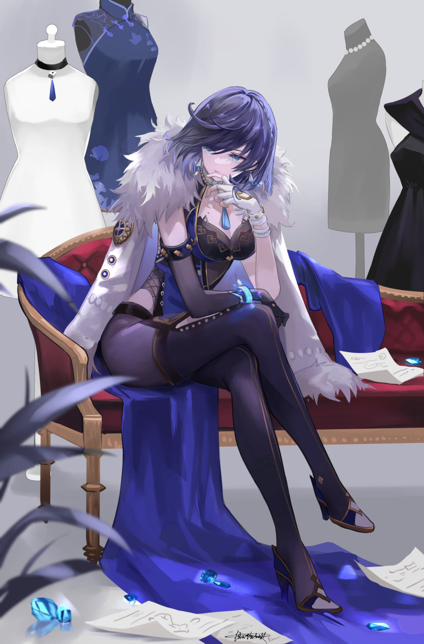 1girl asymmetrical_gloves asymmetrical_hair bangle bead_choker black_gloves blue_hair blurry blurry_background boots bracelet breasts cleavage cleavage_cutout clothing_cutout coat couch crossed_legs earrings elbow_gloves finger_to_mouth full_body fur-trimmed_coat fur_trim genshin_impact gloves hair_over_one_eye high_heels highres hip_vent issign jewelry leaf looking_at_viewer looking_down looking_to_the_side mannequin mismatched_gloves mole mole_on_breast multicolored_hair neck_tassel paper purple_hair short_hair signature single_elbow_glove sitting solo thigh_boots thighhighs two-tone_hair white_coat white_gloves yelan_(genshin_impact)