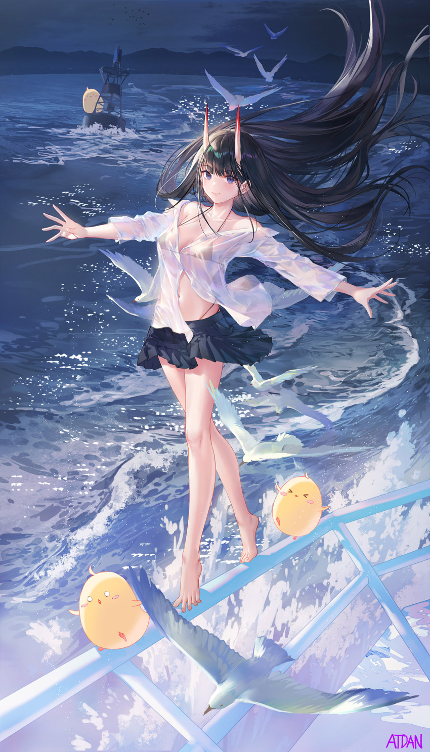 1girl animal atdan azur_lane bare_legs bare_shoulders barefoot beach bikini bikini_under_clothes bird black_bikini black_hair black_skirt breasts buoy chick closed_mouth collarbone floating_hair full_body halter_top halterneck highres horns long_hair long_sleeves looking_at_viewer manjuu_(azur_lane) medium_breasts miniskirt navel night noshiro_(azur_lane) off_shoulder oni_horns outdoors outstretched_arms pleated_skirt purple_eyes seagull see-through shirt skirt smile solo standing stomach strap_gap string_bikini swimsuit thighs tiptoes very_long_hair white_shirt