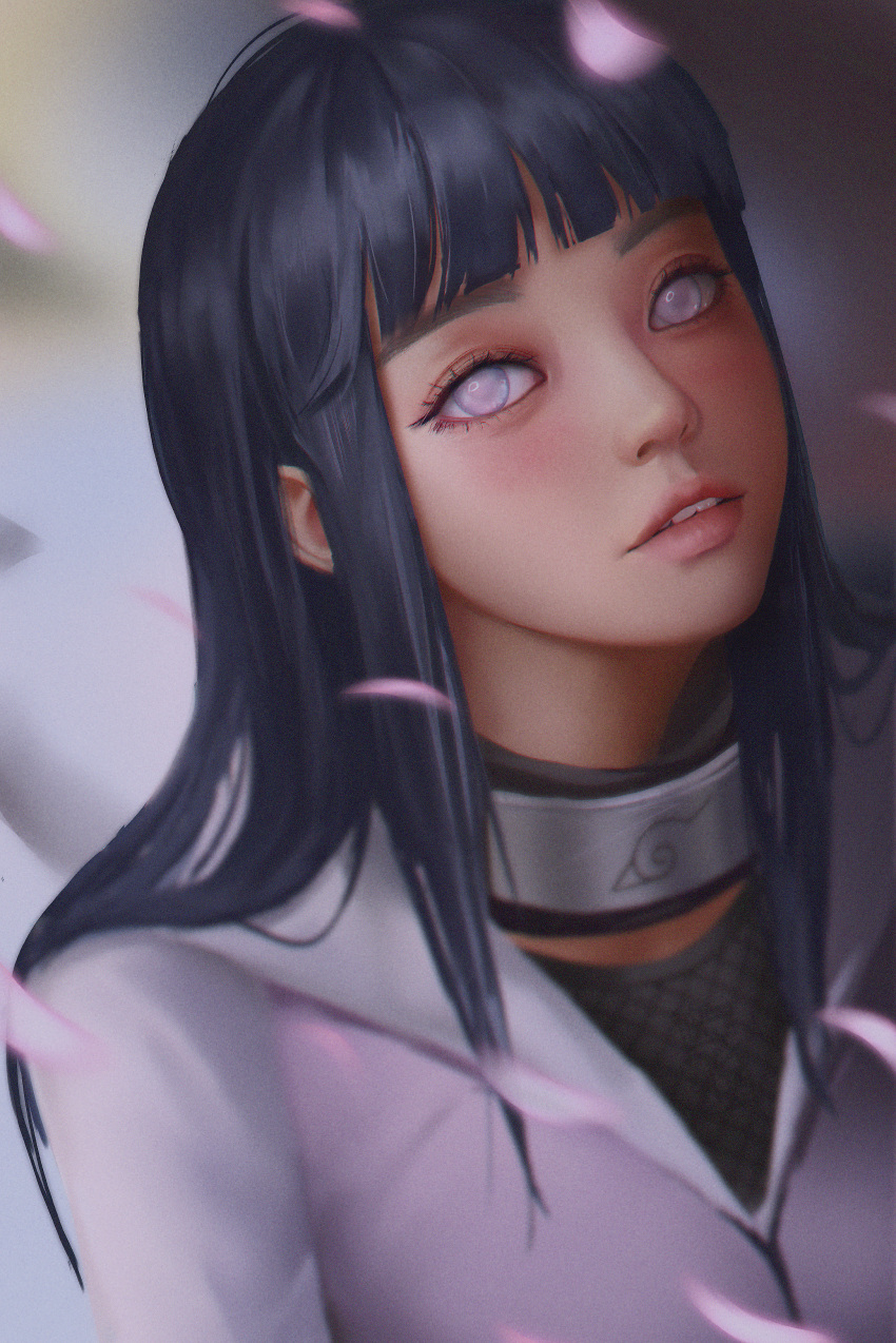 1girl absurdres bangs black_hair blunt_bangs blurry blurry_foreground byakugan cherry_blossoms digele forehead_protector highres hime_cut hyuuga_hinata jacket konohagakure_symbol long_hair naruto_(series) naruto_shippuuden parted_lips portrait purple_eyes purple_jacket solo straight_hair teeth upper_teeth