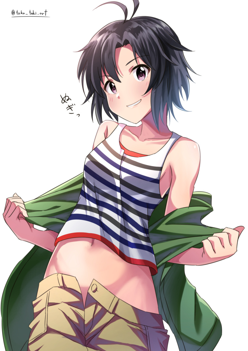 1girl absurdres antenna_hair artist_name bangs bare_shoulders black_hair black_tank_top blue_tank_top blush breasts brown_shorts clothes_pull collarbone commentary cowboy_shot green_hoodie grin groin hair_between_eyes highres hood hoodie horizontal_stripes idolmaster kikuchi_makoto looking_at_viewer midriff navel open_clothes open_fly open_hoodie opened_by_self parted_lips purple_eyes short_hair shorts shorts_pull simple_background small_breasts smile solo stomach striped striped_tank_top takatsuki_p tank_top translated twitter_username unbuttoned unbuttoned_shorts undressing w_arms white_background white_tank_top