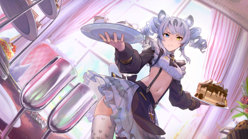 1girl absurdres animal_ear_fluff animal_ears black_legwear black_ribbon blue_eyes bracelet breasts cake crop_top cup drinking_glass earrings food frilled_skirt frills heterochromia highres jewelry karenina_(punishing:_gray_raven) long_hair long_sleeves looking_at_viewer midriff navel neck_ribbon official_art plate punishing:_gray_raven ribbon sidelocks skirt stomach suspender_skirt suspenders teacup teapot thighhighs v-shaped_eyebrows white_hair white_legwear white_skirt wu_lun_wujin yellow_eyes