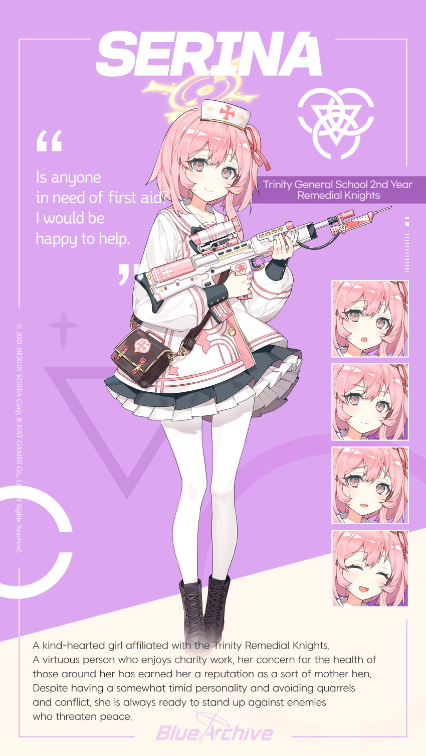 1girl absurdres assault_rifle bag blue_archive boots bullpup character_name character_sheet full_body gun halo handbag highres holding holding_gun holding_weapon jacket l85 official_art one_side_up pantyhose pink_eyes pink_hair pleated_skirt rifle ronopu school_uniform scope serafuku serina_(blue_archive) skirt smile solo standing weapon white_legwear