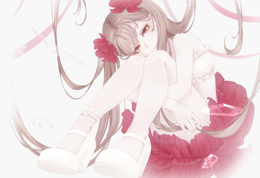 1girl amarisuu anklet bangs brown_hair commentary_request eyebrows_visible_through_hair flower frills full_body glass_shards hair_flower hair_ornament highres hugging_own_legs jewelry legs long_hair mary_janes orange_eyes original panties red_flower red_skirt shoes sitting skirt solo strapless tube_top underwear very_long_hair white_background white_footwear white_panties