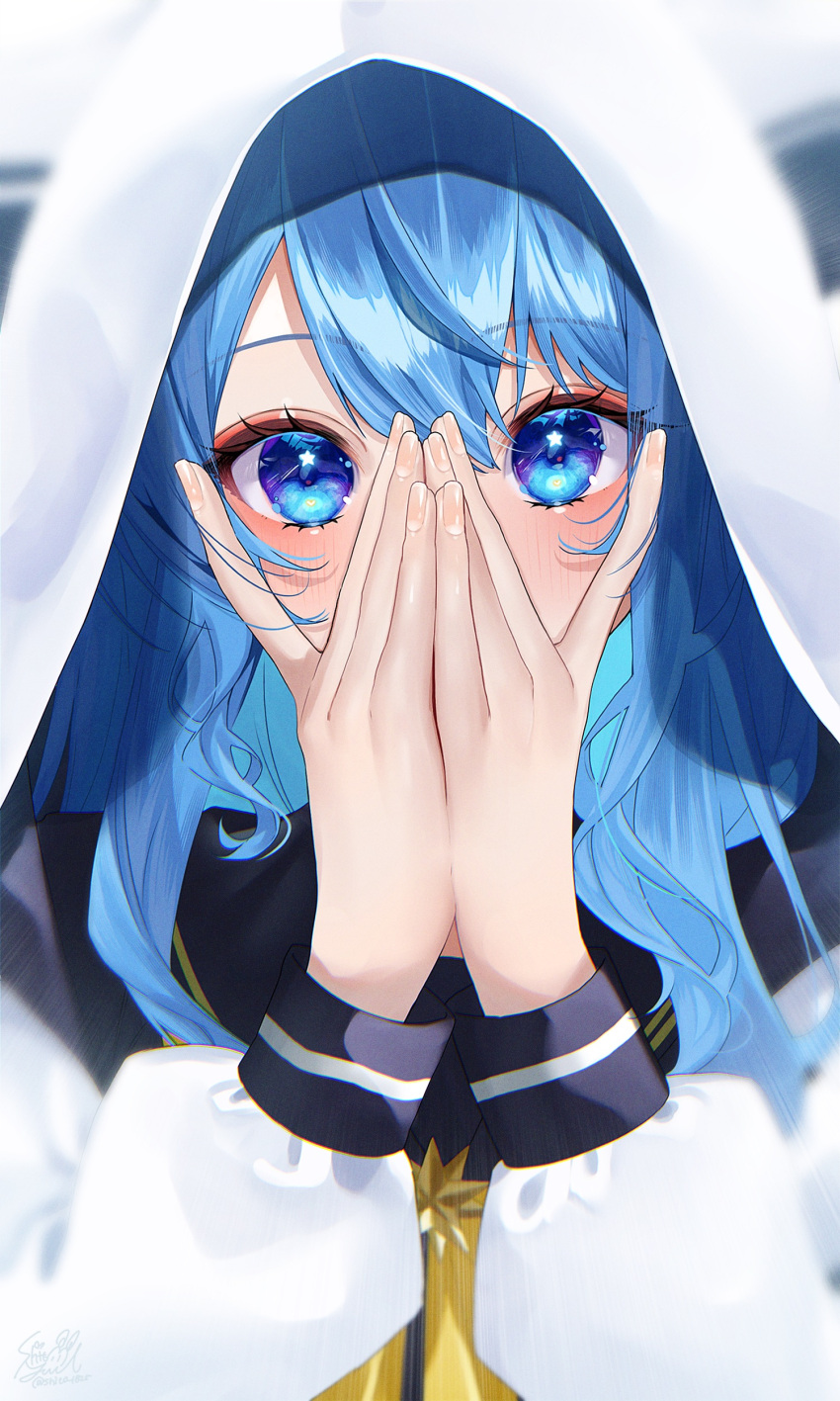 1girl absurdres blue_eyes blue_hair blush covering_face embarrassed hands_on_own_face highres hololive hood hoshimachi_suisei long_hair looking_at_viewer official_alternate_costume peeking_through_fingers solo star_(symbol) star_in_eye symbol_in_eye virtual_youtuber yuuyu_(moco20111115)