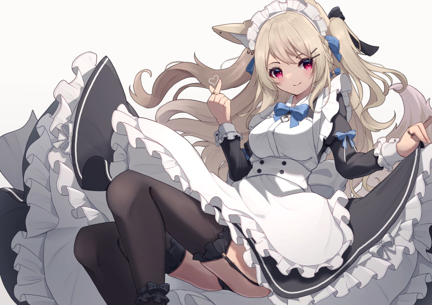 1girl absurdres animal_ear_fluff animal_ears apron bangs black_bow black_dress black_legwear black_panties blonde_hair blue_bow bow bow_legwear braid closed_mouth clothes_lift dress dress_bow dress_lift earrings eyebrows_visible_through_hair feet_out_of_frame fox_ears fox_girl fox_tail frilled_dress frilled_legwear frills garter_straps hair_between_eyes hair_bow hair_ornament hair_over_shoulder hairclip hand_up heart highres hinata_(user_rjkt4745) jewelry lifted_by_self long_hair long_sleeves looking_at_viewer maid maid_apron maid_headdress original panties pantyshot pink_eyes ring simple_background smile solo tail tail_raised thighhighs thighs two_side_up underwear white_background white_bow white_dress