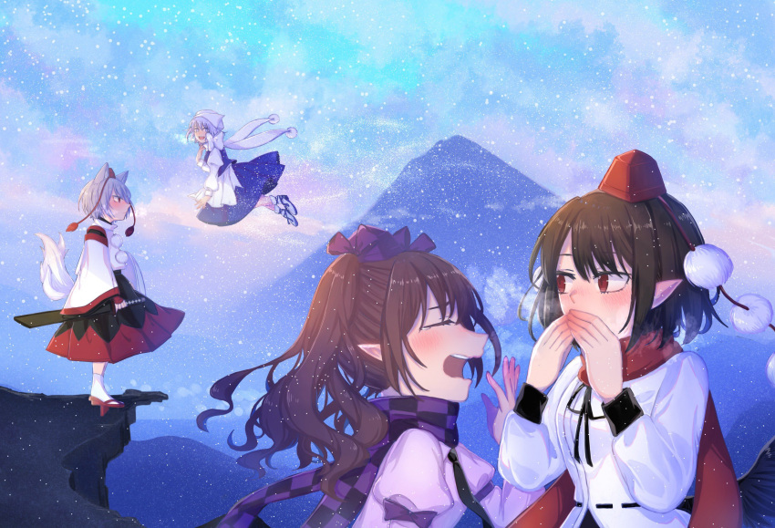 4girls animal_ears apron bangs black_hair black_scarf black_skirt blue_dress blue_sky brown_hair checkered_clothes checkered_scarf cliff closed_eyes cloud dress geta hat highres himekaidou_hatate holding holding_sword holding_weapon inubashiri_momiji letty_whiterock looking_at_another mountain multiple_girls open_mouth outdoors pointy_ears pom_pom_(clothes) purple_headwear purple_scarf red_eyes red_footwear red_headwear red_scarf red_skirt scabbard scarf shameimaru_aya sheath short_hair skirt sky standing sword tail tears tokin_hat toraneko_2 touhou twintails two-tone_scarf two-tone_shirt waist_apron weapon white_apron white_hair white_headwear white_legwear white_scarf winter wolf_ears wolf_tail yawning