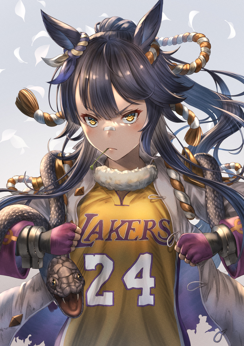 1girl animal_ears animal_on_shoulder bandaid bandaid_on_face bandaid_on_nose bangs basketball_uniform black_hair breasts closed_mouth coat commentary_request cosplay ear_ornament fingerless_gloves gloves grey_background hair_between_eyes highres horse_ears horse_girl kobe_bryant kobe_bryant_(cosplay) large_breasts long_hair long_sleeves looking_at_viewer los_angeles_lakers mouth_hold namesake narita_brian_(umamusume) national_basketball_association numbered open_clothes open_coat pink_gloves ponytail rope serious shimenawa shirt sidelocks snake solo sportswear stalk_in_mouth standing torn_clothes torn_coat umamusume upper_body white_coat yakkuro yellow_eyes