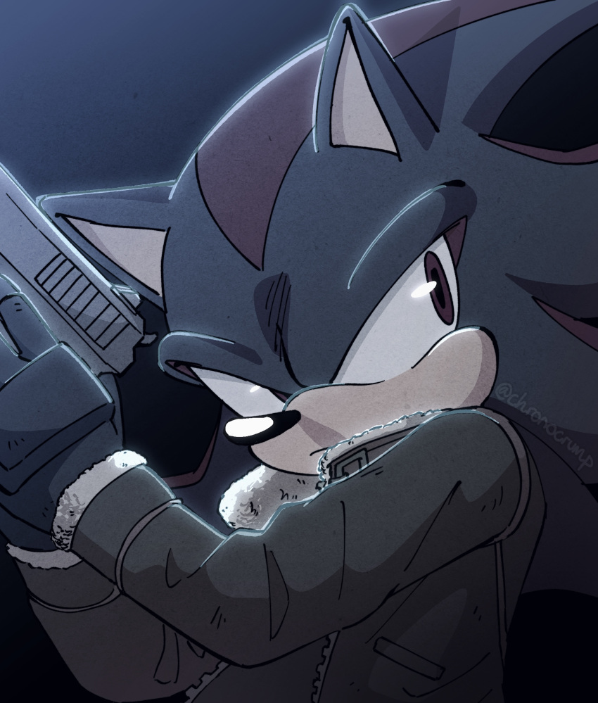 1boy absurdres animal_ears animal_nose chronocrump closed_mouth coat commentary furry furry_male gloves gun highres holding holding_weapon looking_to_the_side male_focus shadow_the_hedgehog sneaking sonic_(series) weapon