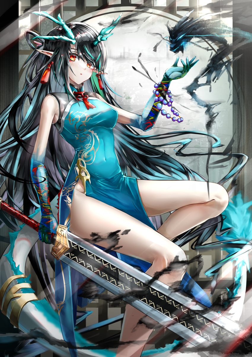 1girl aqua_dress arknights bangs bare_legs bare_shoulders bead_bracelet beads black_hair bracelet breasts china_dress chinese_clothes commentary dress dusk_(arknights) dusk_(everything_is_a_miracle)_(arknights) feet_out_of_frame hand_up highres holding holding_sword holding_weapon horns jewelry long_hair looking_at_viewer medium_breasts official_alternate_costume on_(yattemasu) orange_eyes pointy_ears sleeveless sleeveless_dress solo sword thighs very_long_hair weapon