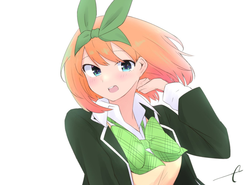 1girl :d bangs blue_eyes blush bow breasts collared_shirt commentary_request eyebrows_behind_hair go-toubun_no_hanayome green_bow green_jacket green_ribbon hair_between_eyes hand_up jacket kujou_karasuma long_sleeves looking_at_viewer medium_breasts nakano_yotsuba open_clothes open_jacket orange_hair ribbon shirt signature simple_background smile solo sweater_vest teeth upper_body upper_teeth white_background white_shirt