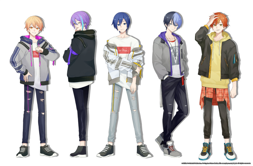 5boys absurdres adidas adjusting_hair aoyagi_touya april_fools aqua_hair bishounen black_hair black_jacket black_pants blonde_hair blue_eyes dark_blue_hair full_body grey_eyes grey_footwear grey_jacket grey_pants highres jacket jewelry kaito_(vocaloid) kamishiro_rui light_purple_hair long_sleeves looking_at_viewer medium_hair multicolored_hair multiple_boys necklace off_shoulder official_art one_eye_closed open_clothes open_jacket orange_hair pants project_sekai purple_hair rozu_ki shinonome_akito short_hair simple_background smile standing streaked_hair tenma_tsukasa tight tight_pants torn_clothes torn_pants vocaloid white_background white_jacket yellow_eyes