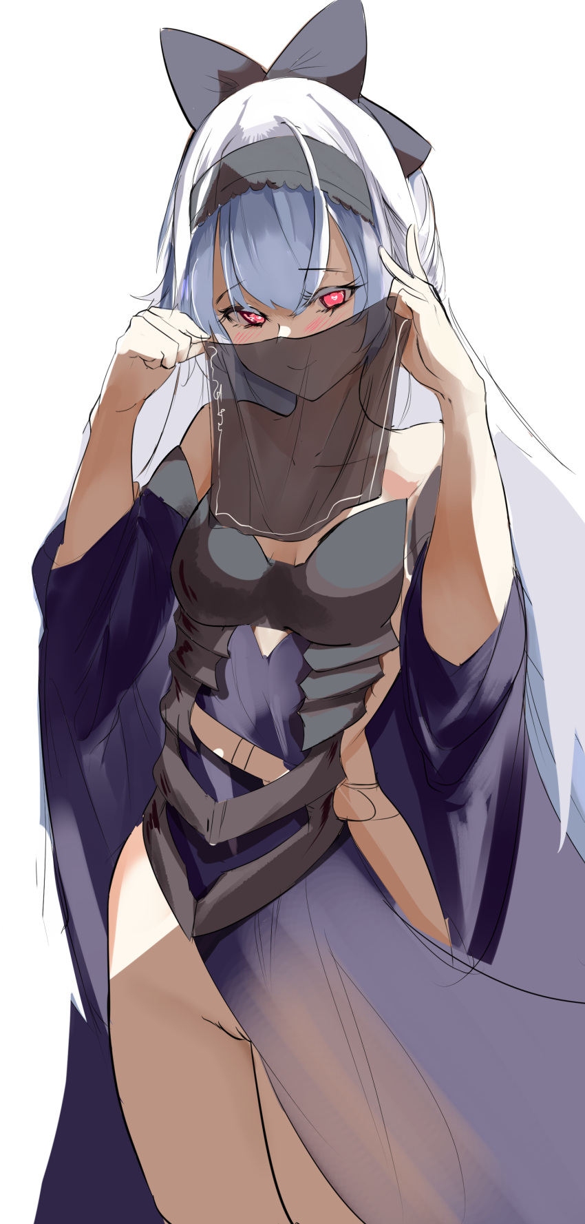 1girl 21-28 absurdres bangs bare_shoulders black_bow black_hairband black_veil blue_hair blush bow breasts closed_mouth collarbone covering_mouth dress eyebrows_visible_through_hair feet_out_of_frame girls'_frontline hair_bow hairband highres holding_veil long_hair looking_at_viewer medium_breasts no_panties official_alternate_costume purple_dress red_eyes smile solo standing tokarev_(girls'_frontline) tokarev_(griffin's_dancer)_(girls'_frontline) white_background