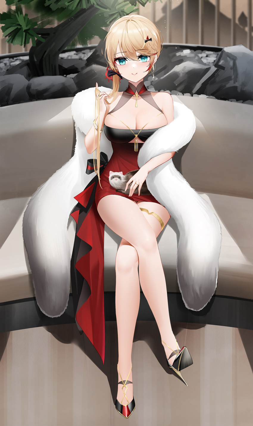 1girl aqua_eyes azur_lane bangs bare_legs bare_shoulders black_footwear blonde_hair bow bracelet breasts cleavage closed_mouth collarbone couch crossed_legs dress earrings eyebrows_visible_through_hair feather_boa full_body hair_bow hair_ornament hairclip hand_in_own_hair high_heels highres howe_(azur_lane) howe_(evening_marvels)_(azur_lane) jewelry legs lips long_hair looking_at_viewer medium_breasts necklace official_alternate_costume qing_wu red_dress ring sitting smile solo thighs