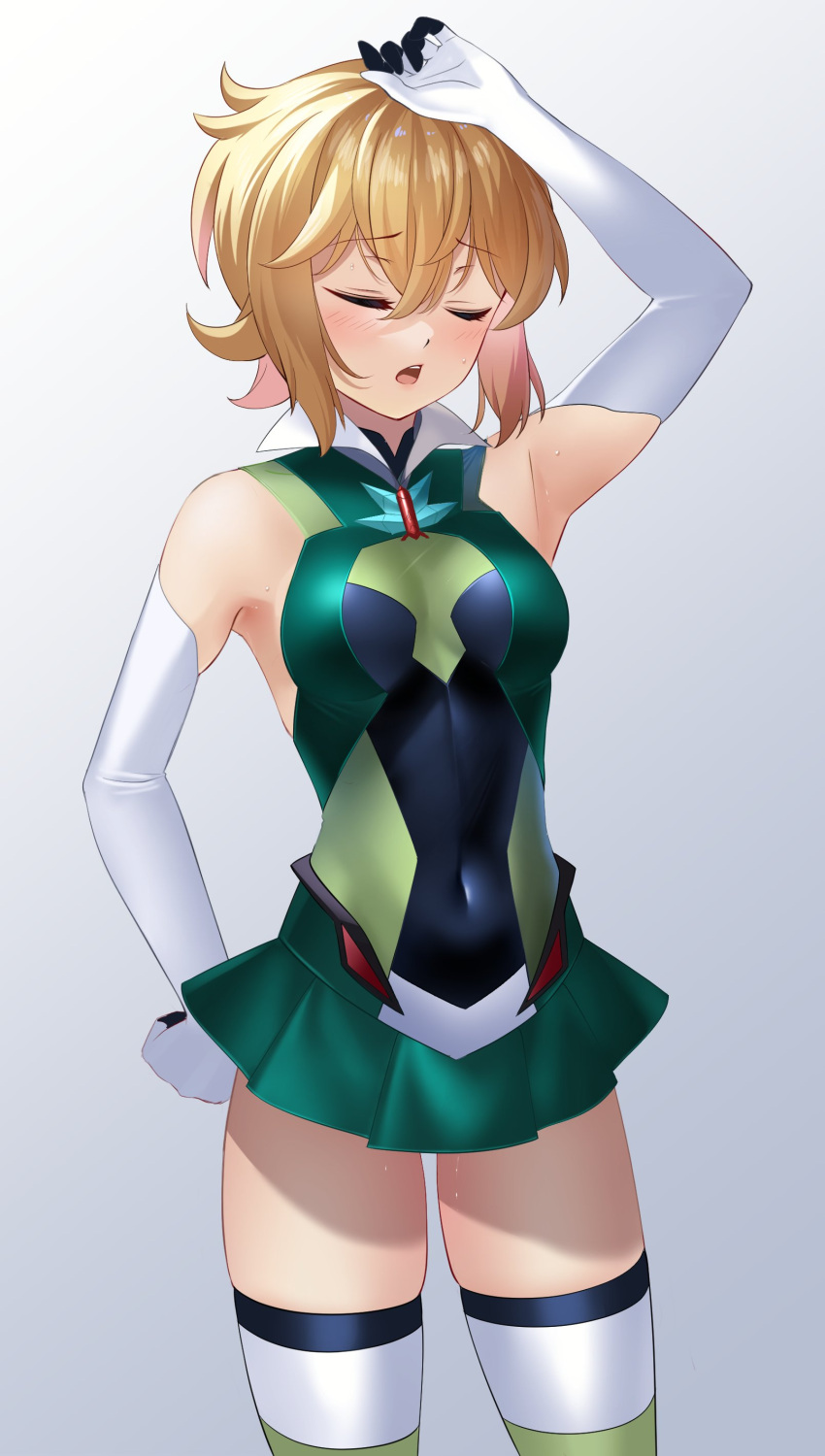 1girl absurdres akatsuki_kirika arm_up blonde_hair blush breasts closed_eyes cover elbow_gloves facing_viewer gloves green_leotard green_skirt highleg highleg_leotard highres leotard medium_breasts nyanmaru open_mouth senki_zesshou_symphogear shiny shiny_hair shiny_skin short_hair skin_tight skirt solo standing striped striped_legwear thighhighs