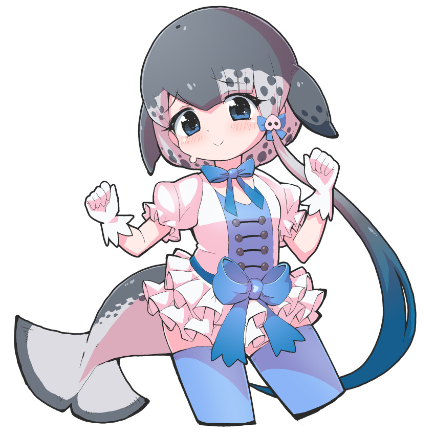 1girl adapted_costume blue_bow blue_bowtie blue_eyes blue_legwear blue_shirt blush bow bowtie cetacean_tail cosplay cowboy_shot eyebrows_visible_through_hair frilled_skirt frilled_sleeves frills gloves grey_hair hair_bow highres kemono_friends looking_at_viewer multicolored_hair narwhal_(kemono_friends) pig_(kemono_friends) pig_(kemono_friends)_(cosplay) pig_nose puffy_short_sleeves puffy_sleeves remora_(samewakame) shirt short_hair_with_long_locks short_sleeves skirt solo sweatdrop thighhighs two-tone_shirt whale_girl white_gloves white_hair white_skirt zettai_ryouiki