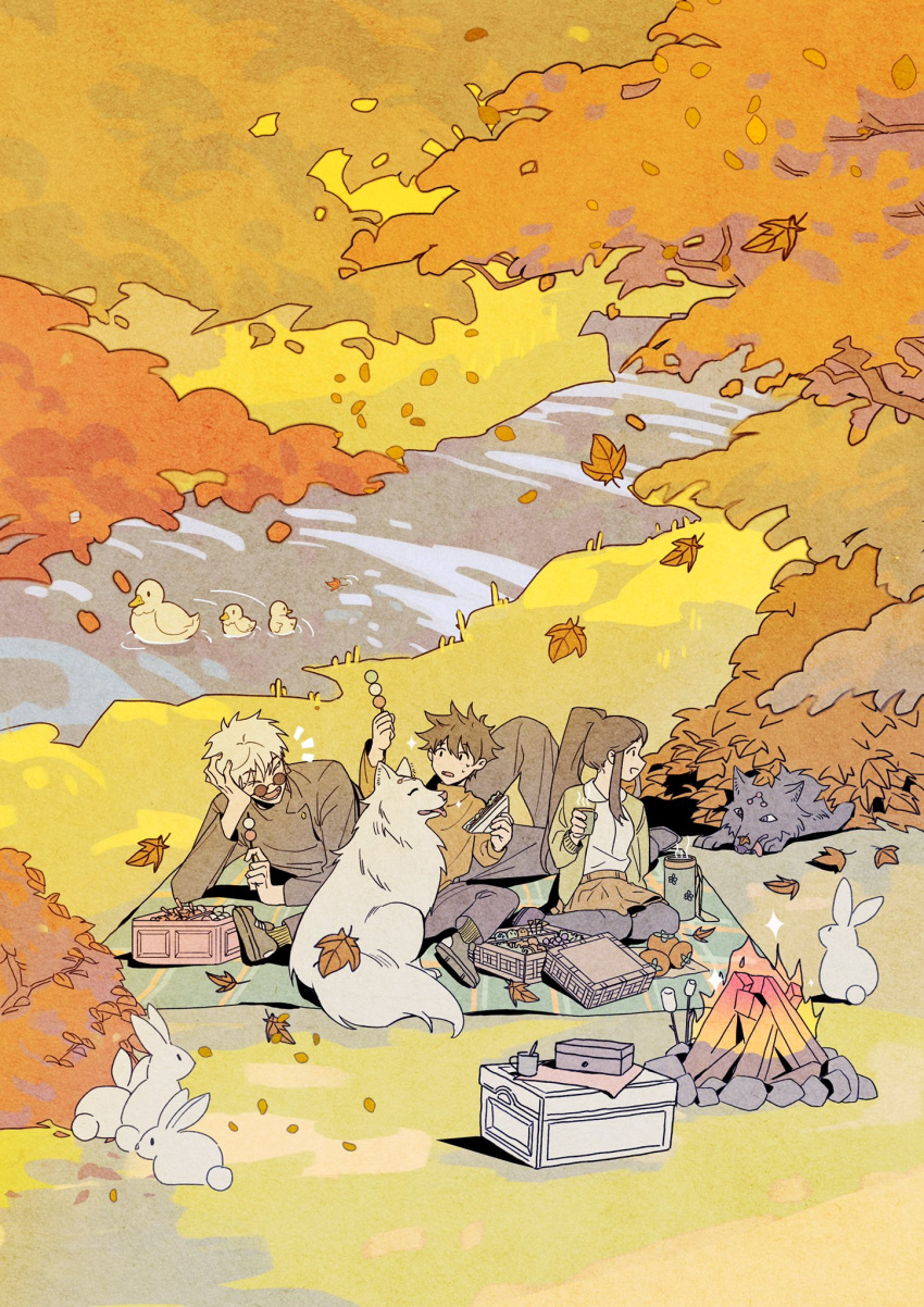 1girl 2boys autumn autumn_leaves bird black_hair black_jacket black_legwear black_pants blanket bread brown_hair brown_skirt campfire cardigan closed_eyes commentary_request cup dango dog duck duckling falling_leaves fire food fruit fushiguro_megumi fushiguro_tsumiki glasses gojou_satoru grass head_rest highres holding holding_cup holding_food hygee_524 jacket jujutsu_kaisen leaf long_hair long_sleeves looking_at_another maple_leaf marshmallow multiple_boys open_mouth outdoors pants picnic picnic_basket ponytail rabbit river sandwich seiza shirt shoes short_hair sitting skirt smile socks spiked_hair step-siblings stick sweatdrop sweater thermos wagashi water white_hair white_shirt