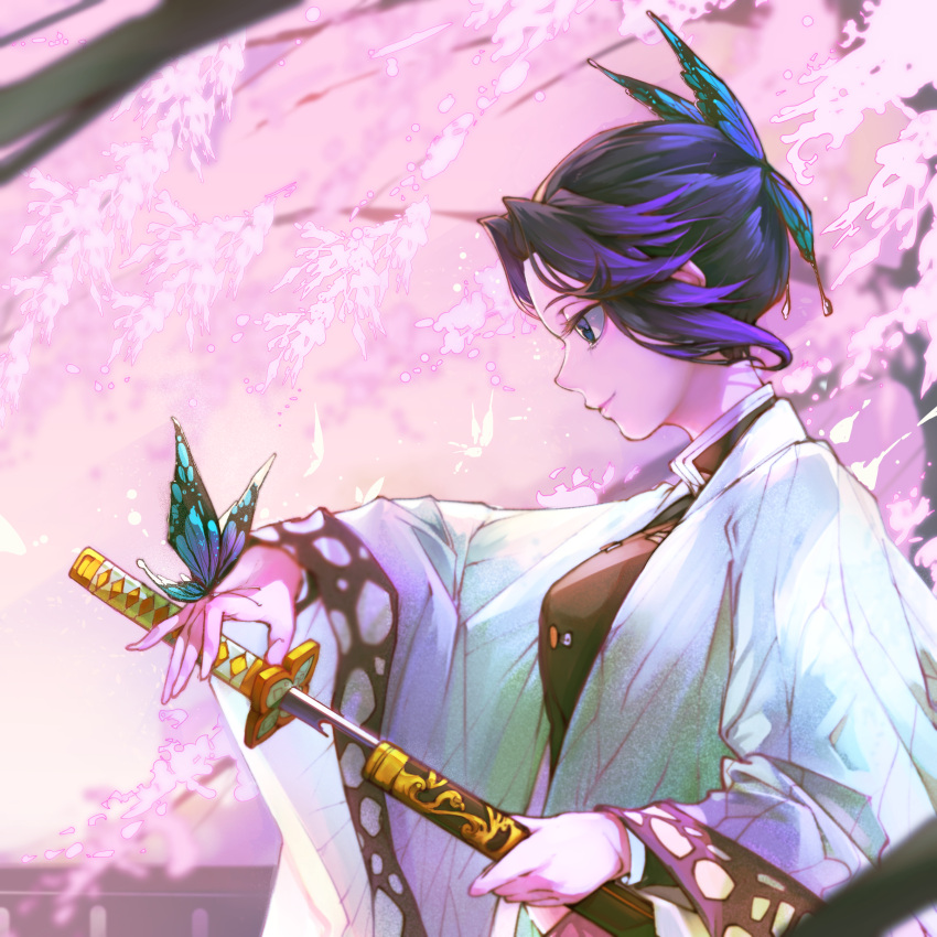 1girl absurdres animal_print bangs belt belt_buckle black_hair black_jacket black_pants blue_butterfly blush branch breast_pocket breasts buckle bug butterfly butterfly_hair_ornament butterfly_on_hand butterfly_print buttons cherry_blossoms closed_mouth commentary_request demon_slayer_uniform from_side hair_ornament haori highres holding holding_sword holding_weapon jacket japanese_clothes katana kimetsu_no_yaiba kochou_shinobu large_breasts multicolored_hair pants parted_bangs patterned_clothing pocket purple_eyes purple_hair rakaiki sheath sidelocks smile solo standing sword two-tone_hair uniform unsheathing weapon white_belt wide_sleeves
