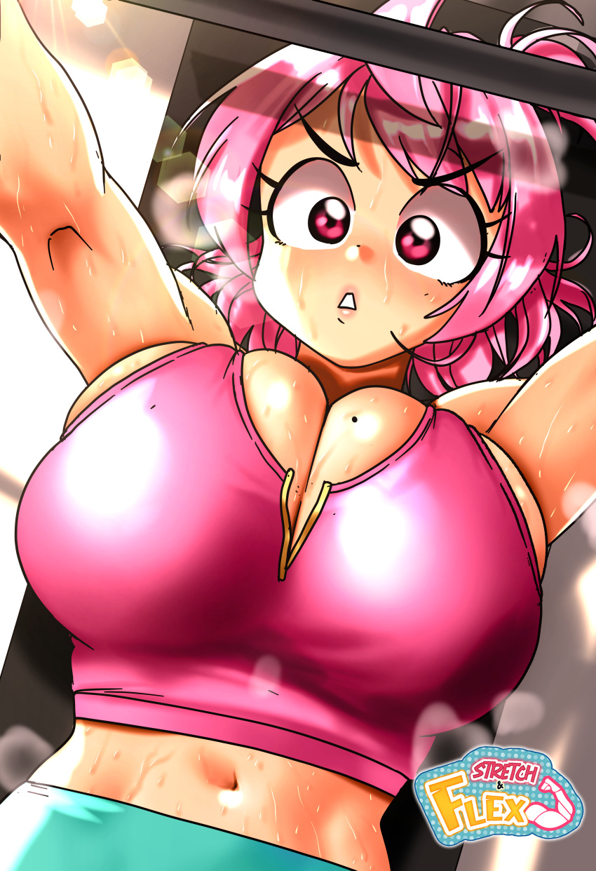 1girl absurdres blush breasts cleavage exercise eyelashes focused from_above frown highres huge_breasts large_breasts light_rays lips lying midriff navel on_back original outstretched_arms pink_eyes pink_hair sasa_tseng sideboob sports_bra staring sweat weightlifting weights wet workout_clothes