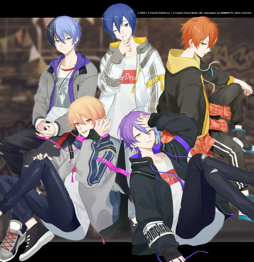 5boys absurdres adidas aoyagi_touya april_fools aqua_hair bishounen black_hair black_jacket black_pants blonde_hair blue_eyes dark_blue_hair finger_to_mouth grey_eyes grin highres jacket jewelry kaito_(vocaloid) kamishiro_rui light_purple_hair long_sleeves looking_at_viewer medium_hair multicolored_hair multiple_boys necklace official_art one_eye_closed open_clothes open_jacket orange_hair pants pom_(soupy) project_sekai purple_hair rozu_ki shinonome_akito short_hair sitting smile streaked_hair striped tenma_tsukasa tight tight_pants torn_clothes torn_pants vocaloid white_jacket yellow_eyes