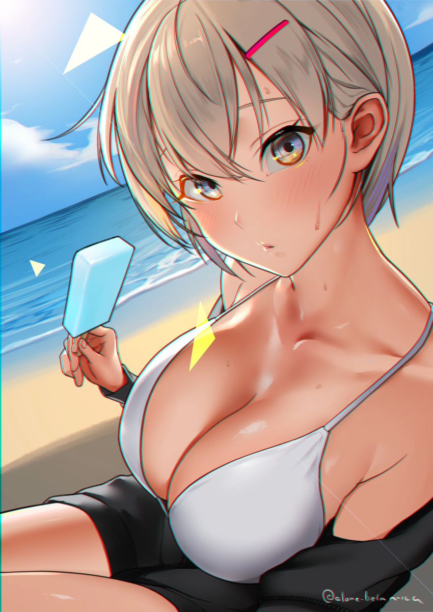 1girl absurdres alone_belm bangs beach bikini bikini_top_only black_jacket black_shorts blonde_hair blush breasts brown_eyes cleavage collarbone day dutch_angle eyebrows_behind_hair food hair_ornament hairclip highres holding holding_food jacket large_breasts long_sleeves looking_at_viewer ocean off_shoulder open_clothes open_jacket original outdoors parted_lips popsicle short_hair short_shorts shorts sitting solo swimsuit twitter_username water white_bikini