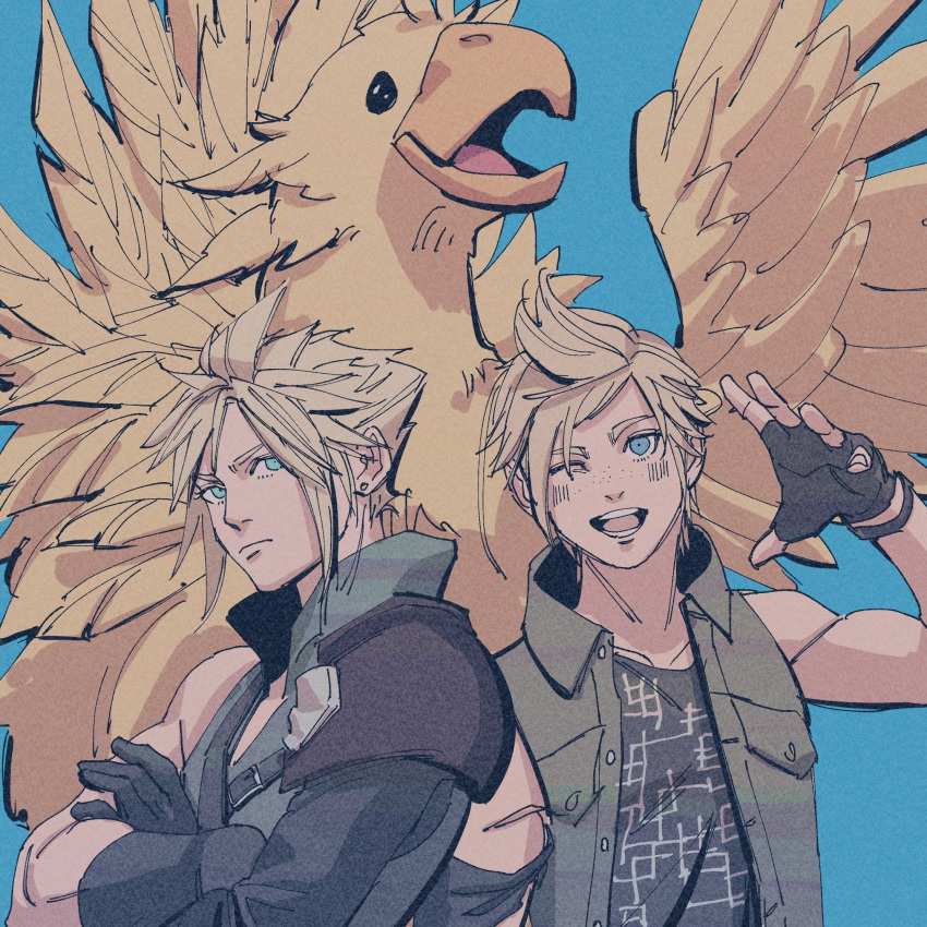 2boys aqua_eyes armor asymmetrical_hair beak bishounen blonde_hair blue_background blue_eyes blush chocobo cloud_strife crossed_arms crossover earrings final_fantasy final_fantasy_vii final_fantasy_vii_advent_children final_fantasy_xv fingerless_gloves gloves high_collar highres jewelry lower_teeth male_focus multiple_boys muscular muscular_male oimo_(oimkimn) one_eye_closed open_mouth patterned_clothing prompto_argentum shirt short_hair shoulder_armor single_earring sleeveless sleeveless_shirt smile spiked_hair teeth upper_teeth vest wings