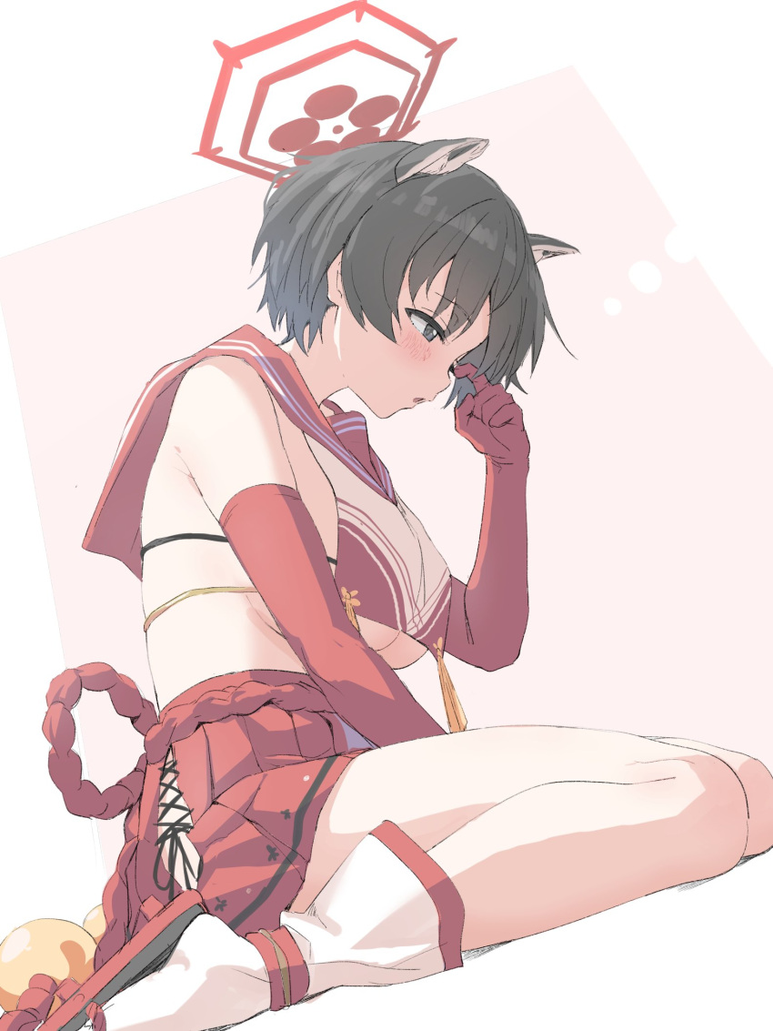 1girl animal_ears black_eyes black_hair blue_archive blush breasts elbow_gloves from_side gloves highres large_breasts red_gloves red_skirt revealing_clothes sandals short_hair sideboob sincos sitting skirt socks solo tsubaki_(blue_archive) underboob very_short_hair