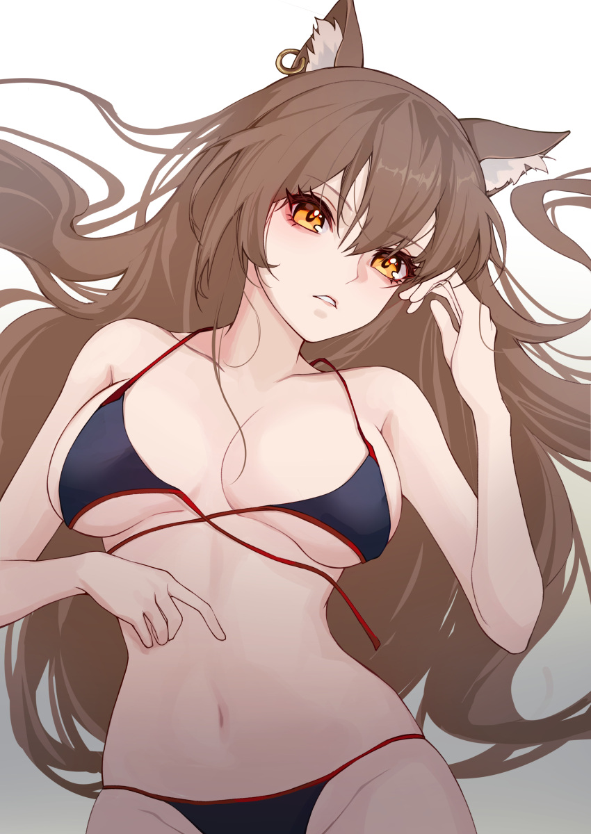 1girl absurdres animal_ear_fluff animal_ears arknights bangs bare_arms bare_shoulders bikini black_bikini breasts brown_hair cat_ears commentary danxing_aipangzi earrings eyebrows_visible_through_hair gradient gradient_background grey_background groin hair_between_eyes highres jewelry large_breasts long_hair looking_at_viewer navel parted_lips skyfire_(arknights) solo stomach swimsuit upper_body very_long_hair white_background yellow_eyes