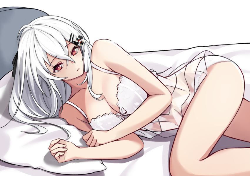 1girl bangs bed breasts cleavage closed_mouth eyebrows_visible_through_hair girls'_frontline hair_ornament hairclip hakugin006 highres iws_2000_(girls'_frontline) long_hair looking_at_viewer lying medium_breasts nightgown on_side pillow red_eyes simple_background solo thighs underwear white_hair white_nightgown