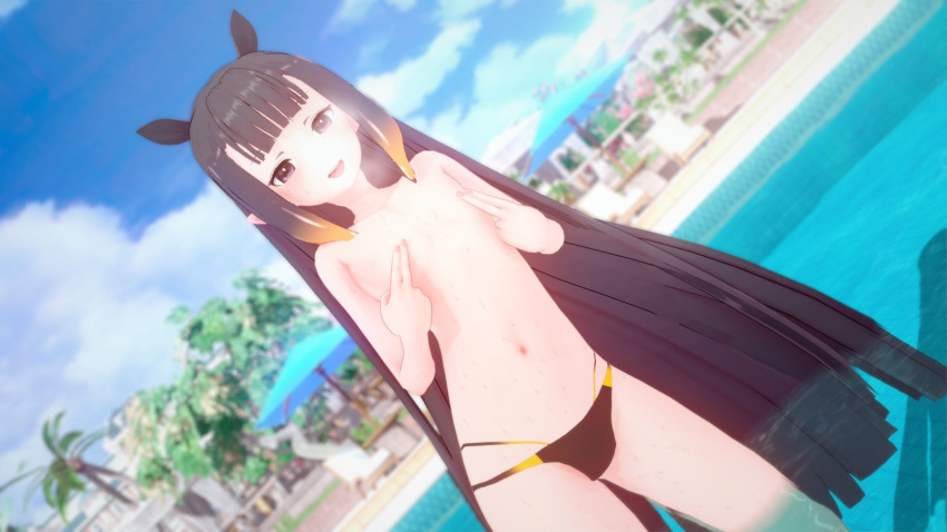 1girl bangs bare_shoulders belly bikini black_bikini black_hair blunt_bangs breasts covering_nipples flat_chest gradient_hair hair_between_eyes heavy_breathing highres hololive hololive_english long_hair looking_at_viewer multicolored_hair navel ninomae_ina'nis open_mouth orange_hair partially_submerged pointy_ears pool smile solo summer swimsuit tentacle_hair tentacles tongue very_long_hair wataaamage