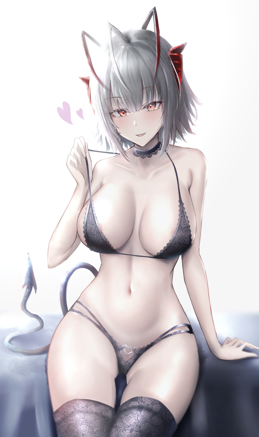 1girl absurdres areola_slip arknights arm_support bare_arms black_bra black_legwear black_panties blush bra bra_pull breasts choker clothes_pull collarbone demon_tail eyebrows_visible_through_hair grey_hair heart heart_o-ring highres horns lace lace_bra lace_choker lace_panties large_breasts lingerie looking_at_viewer multi-strapped_panties navel panties parted_lips poni_(poni_arknights) red_eyes sidelocks sitting smile solo stomach tail thighhighs underwear w_(arknights)