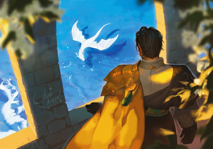 1boy brown_hair cape chaebyssal claude_von_riegan dark-skinned_male dark_skin dragon earrings fire_emblem fire_emblem:_three_houses from_above from_behind gloves highres jewelry leaf long_sleeves looking_ahead looking_down male_focus ocean short_hair shoulder_cape signature wyvern yellow_cape