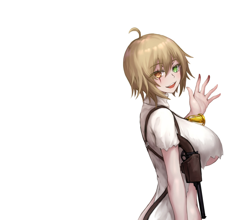 1girl ahoge bangs bell blonde_hair blood blush breasts brown_eyes cafe_no_zombi-ko chinese_commentary commentary_request eyebrows_visible_through_hair green_eyes gun hair_between_eyes heterochromia highres holstered_weapon large_breasts long_sleeves looking_at_viewer looking_to_the_side open_mouth project_upd8 shirt short_hair simple_background smile solo torn_clothes underboob upper_body virtual_youtuber weapon white_background white_shirt yeklsa