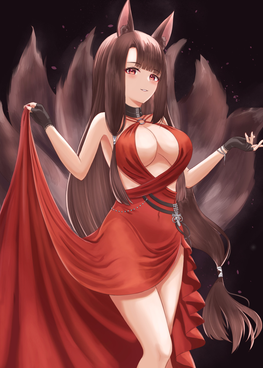 1girl absurdres akagi_(azur_lane) akagi_(ruby-laced_beauty)_(azur_lane) animal_ear_fluff animal_ears azur_lane bare_shoulders black_choker blush bracelet breasts brown_hair choker cleavage cleavage_cutout clothing_cutout dress eyebrows_visible_through_hair fox_ears fox_girl fox_tail gloves halter_dress halterneck highres jewelry large_breasts long_dress long_hair looking_at_viewer multiple_tails o-ring_dress official_alternate_costume red_dress red_eyes smile solo tail very_long_hair yamamoto_warabi