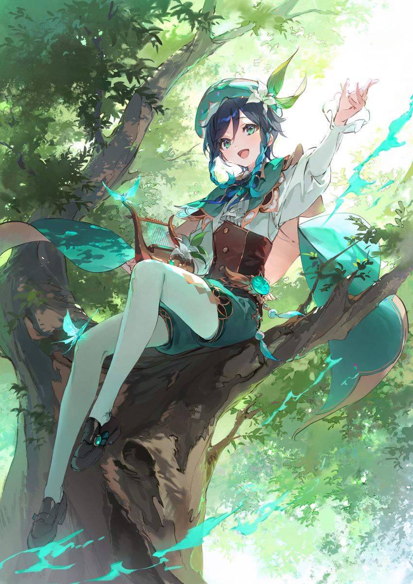 1boy aqua_eyes arm_up bard black_hair braid brown_footwear commentary_request dsmile genshin_impact gradient_hair green_headwear green_shorts harp highres instrument loafers long_sleeves multicolored_hair pantyhose shoes shorts sitting solo tree twin_braids venti_(genshin_impact) white_legwear