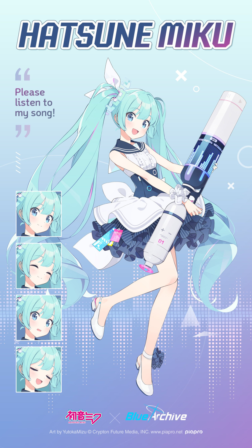 1girl absurdres blue_archive blue_eyes breasts character_name character_sheet commentary crossover dress emoji english_commentary expressionless expressions full_body hatsune_miku highres layered_dress light_blue_hair long_hair looking_at_viewer official_art open_mouth school_uniform small_breasts smile standing standing_on_one_leg twintails very_long_hair vocaloid white_dress white_footwear ytkmz