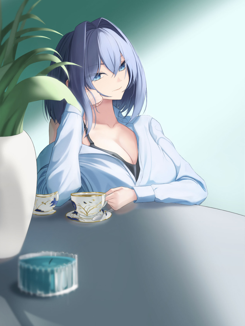 1girl blue_eyes blue_hair bra breasts candle cleavage coaster cup eyebrows_visible_through_hair eyes_visible_through_hair hair_between_eyes hair_intakes head_on_hand highres hololive hololive_english large_breasts long_sleeves looking_at_viewer muwon ouro_kronii plant solo spoon table teacup underwear virtual_youtuber