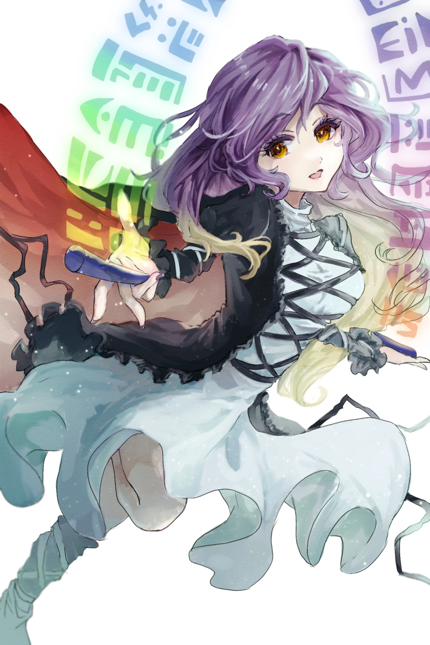 1girl :d bangs black_dress botan_yukimoti brown_eyes brown_hair dress gradient_hair highres hijiri_byakuren holding juliet_sleeves long_hair long_sleeves looking_at_viewer multicolored_hair open_mouth puffy_sleeves purple_hair simple_background smile solo sorcerer's_sutra_scroll touhou two-tone_dress white_background white_dress