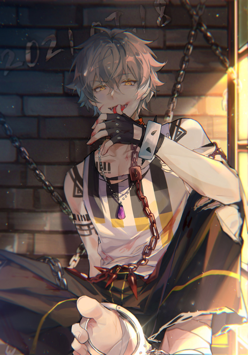 1boy absurdres arm_tattoo bandages bangs barefoot bishounen black_gloves black_pants blood blood_on_face blood_on_hands bracelet brick_wall chain chinese_commentary chromatic_aberration collarbone commentary_request crossed_bangs cuffs ensemble_stars! feet fingerless_gloves gloves grey_hair hair_between_eyes handcuffs highres jewelry licking licking_finger looking_at_viewer male_focus necklace oogami_koga pants shirt short_hair shoulder_tattoo sitting solo spiked_bracelet spikes tattoo toes tongue tongue_out white_shirt yellow_eyes yusa_(yusa0751)