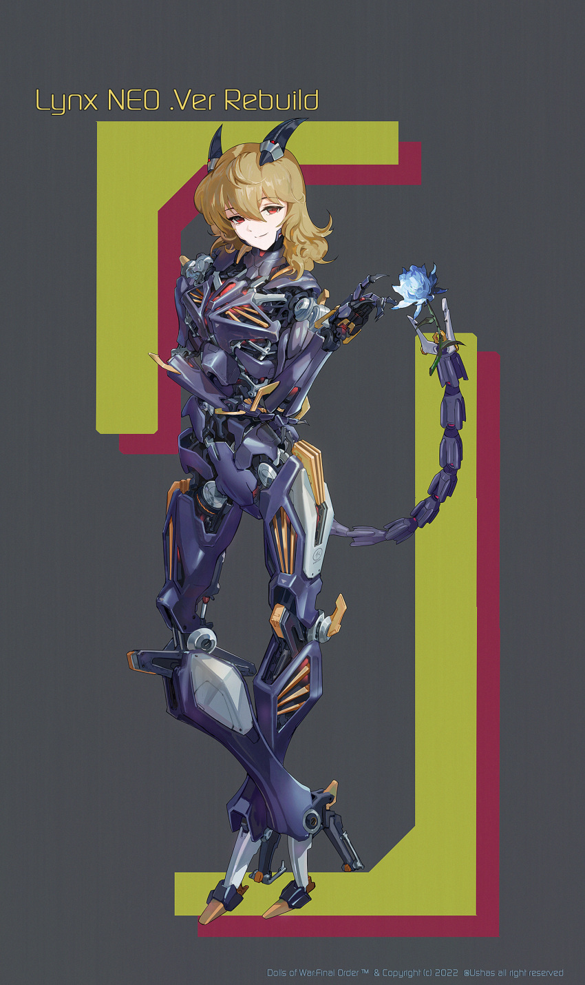 1girl absurdres android blonde_hair commentary_request english_text eyebrows_visible_through_hair flower full_body hand_on_own_elbow highres horns humanoid_robot joints mechanical_horns mechanical_tail medium_hair original red_eyes robot_joints slit_pupils smile solo tail ushas