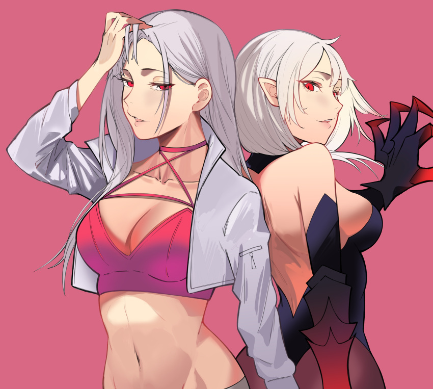 2girls absurdres arm_up back bangs black_dress breasts character_request cleavage collarbone crop_top demon_girl dress eyebrows_visible_through_hair from_side grey_hair hand_in_own_hair highres jacket long_hair looking_at_viewer lost_ark medium_breasts medium_hair multiple_girls navel open_clothes open_jacket open_mouth parted_lips pink_background pink_tank_top pointy_ears red_eyes sideboob talnory tank_top upper_body white_hair white_jacket