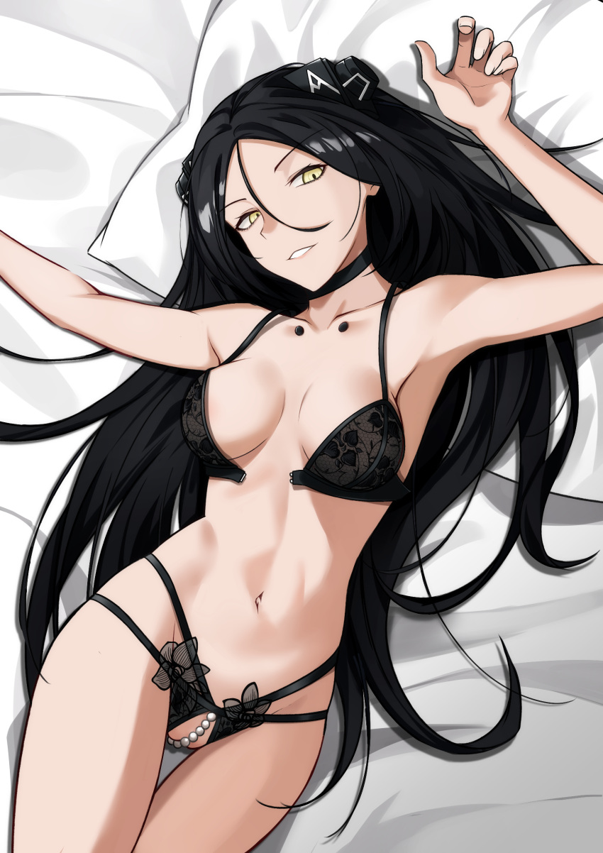 1girl bed black_bra black_choker black_hair black_panties bra bra_strap breasts choker collarbone dreamer_(girls'_frontline) feet_out_of_frame girls'_frontline hair_ornament hairclip hakugin006 highres long_hair looking_at_viewer lying medium_breasts navel on_back open_mouth panties parted_lips pearl_thong pillow sangvis_ferri smirk solo teeth_hold underwear yellow_eyes