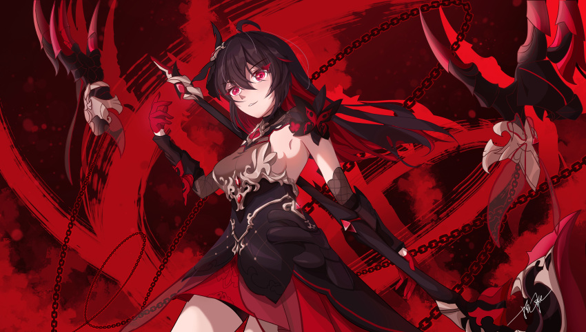 1girl absurdres ahoge armlet bangs black_dress closed_mouth dress gloves grin hair_ornament highres holding holding_scythe holding_weapon honkai_(series) honkai_impact_3rd long_hair ooo_wange red_background red_eyes red_gloves red_hair scythe seele_(alter_ego) seele_vollerei seele_vollerei_(stygian_nymph) sleeveless sleeveless_dress smile solo weapon