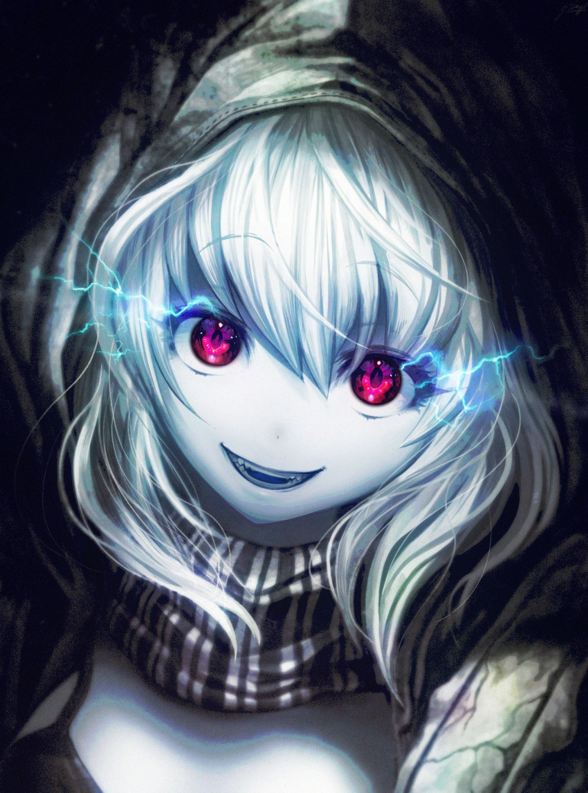 1girl abyssal_ship bikini black_bikini close-up electricity eye_focus eyebrows_visible_through_hair face gibagiba grin highres hood hoodie kantai_collection long_sleeves looking_at_viewer monster_girl pale_skin portrait purple_eyes re-class_battleship scarf short_hair smile solo swimsuit white_hair