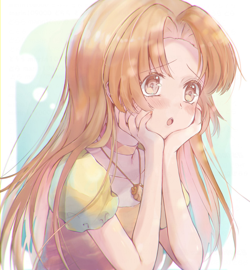 1girl begging blush dorara9002 frown green_background hand_on_own_face highres hime_cut long_hair mermaid_melody_pichi_pichi_pitch open_mouth orange_eyes orange_hair orange_shirt sad seira_(mermaid_melody_pichi_pichi_pitch) shirt simple_background sleeve solo tears yellow_shirt