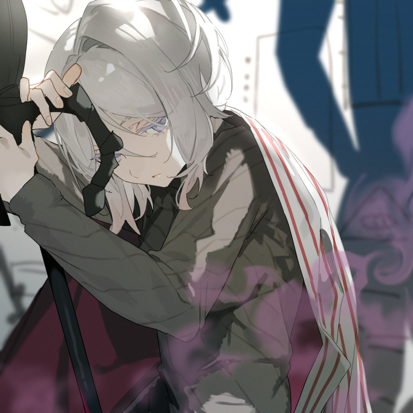 1girl blue_eyes cape faust_(limbus_company) hallo_lobotomy highres holding holding_staff limbus_company long_sleeves project_moon smoke staff striped_cape sweater white_hair whiteboard