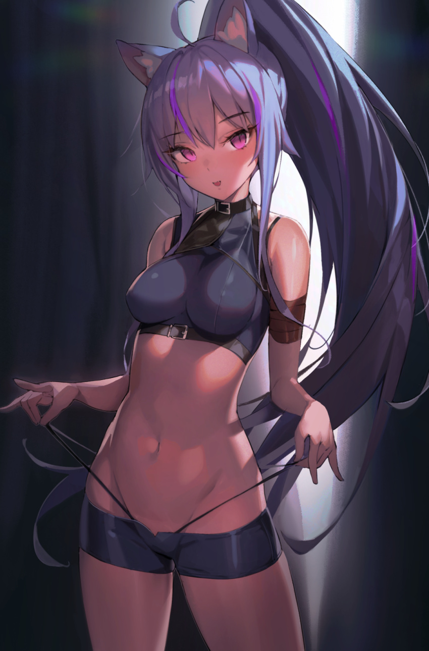 1girl ahoge animal_ears bare_shoulders black_shirt black_shorts breasts brown_kemomimi-chan_(krr) cowboy_shot crop_top dark_skin dungeon_and_fighter highleg highres long_hair looking_at_viewer ludaf medium_breasts micro_shorts midriff multicolored_hair navel panties panty_pull parted_lips ponytail purple_eyes purple_hair shirt shorts sidelocks sleeveless sleeveless_shirt smile solo stomach streaked_hair thighs underwear very_long_hair