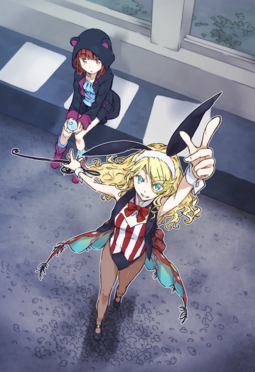 2girls animal_ears arm_up armpits bare_shoulders black_footwear black_hoodie blonde_hair blue_eyes bow bowtie breasts brown_eyes brown_hair brown_legwear colorized commentary dot_nose eyebrows_visible_through_hair fake_animal_ears full_body gazing_eye haimura_kiyotaka highres holding hood hoodie kanou_shinka leotard long_hair long_sleeves looking_at_another looking_at_viewer looking_up medium_breasts monocle multiple_girls novel_illustration official_art outdoors outstretched_arm pantyhose parted_lips pink_footwear playboy_bunny pointing pointing_up rabbit_ears red_bow red_bowtie sitting sleeveless smile spoilers st._germain standing strapless strapless_leotard teeth thighs toaru_majutsu_no_index toaru_majutsu_no_index:_new_testament white_wristband wristband